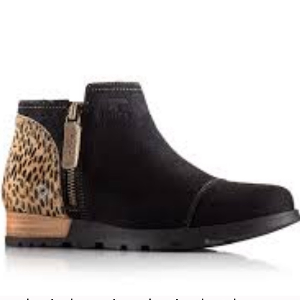 Sorel womens Major Low Ankle Bootie Black Calf Pony Hair Leopard Print size 10.5